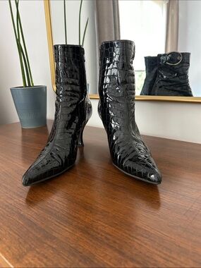 Stuart Weitzman Black Croc-Embossed Pointed Toe Ankle Boots